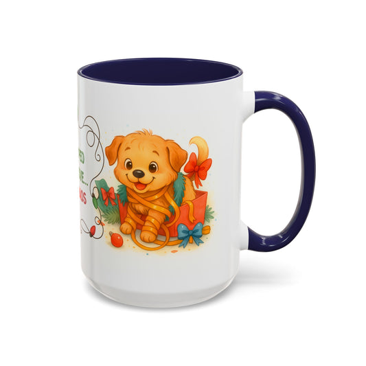 Wrapped With Love and Chaos Mug – Cute Puppy Christmas 15oz Coffee Cup