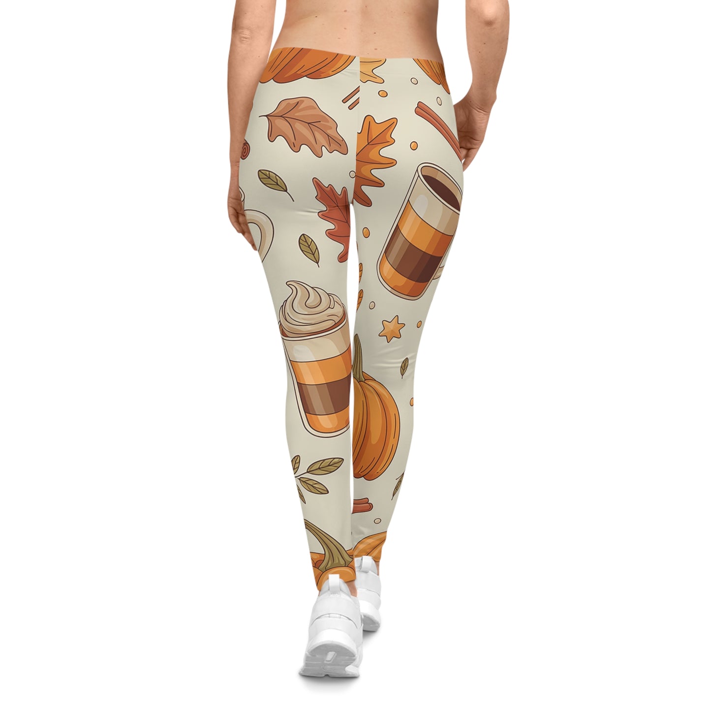 Pumpkin Spice Leggings – Fall Coffee & Leaf Print Women’s Yoga Pants