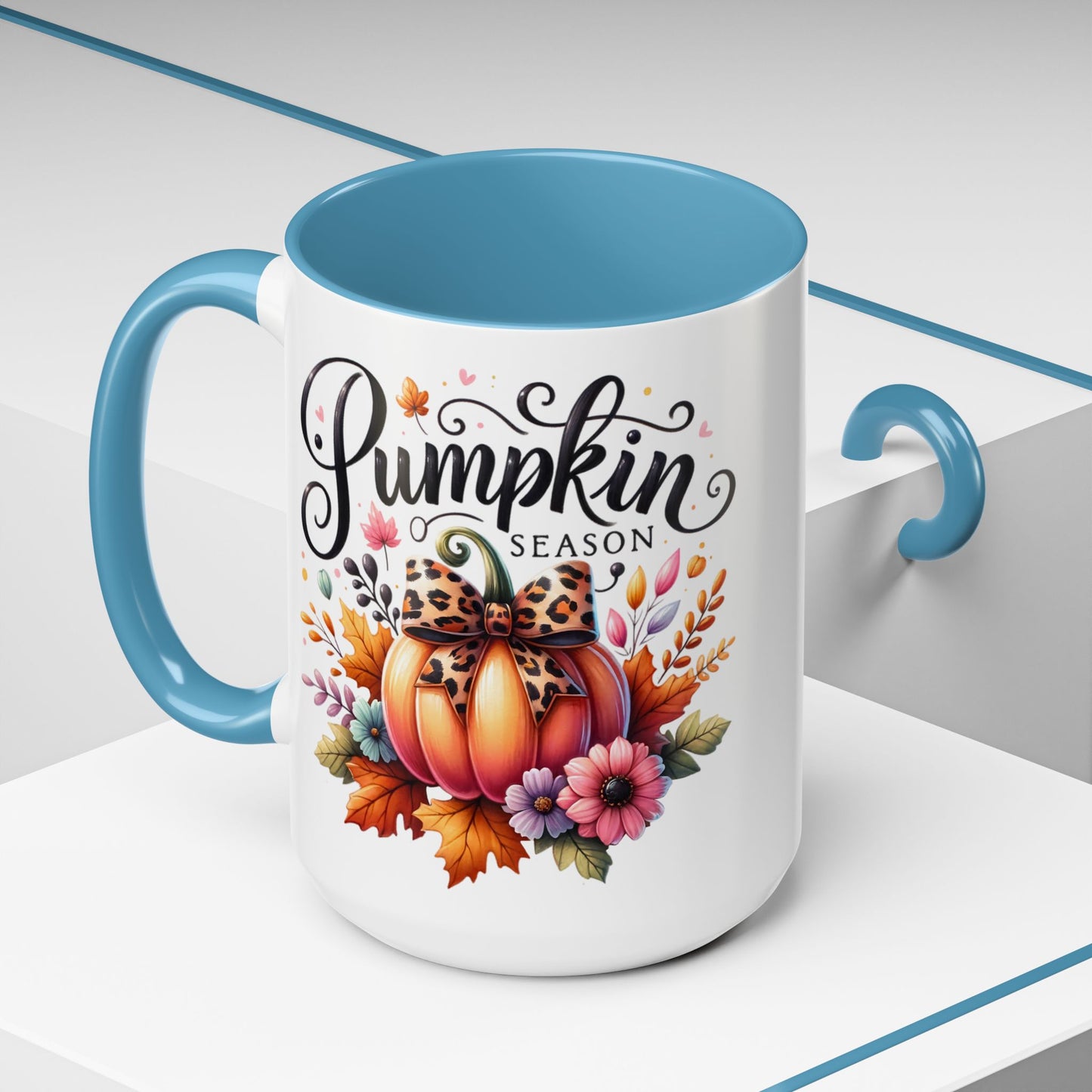 Pumpkin Season Mug – Fall Coffee Cup with Leopard Bow Pumpkin & Floral Design