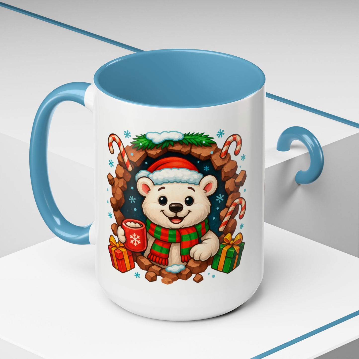 Christmas Polar Bear Mug – Cute Holiday 15oz Coffee Cup with Gifts & Candy Canes