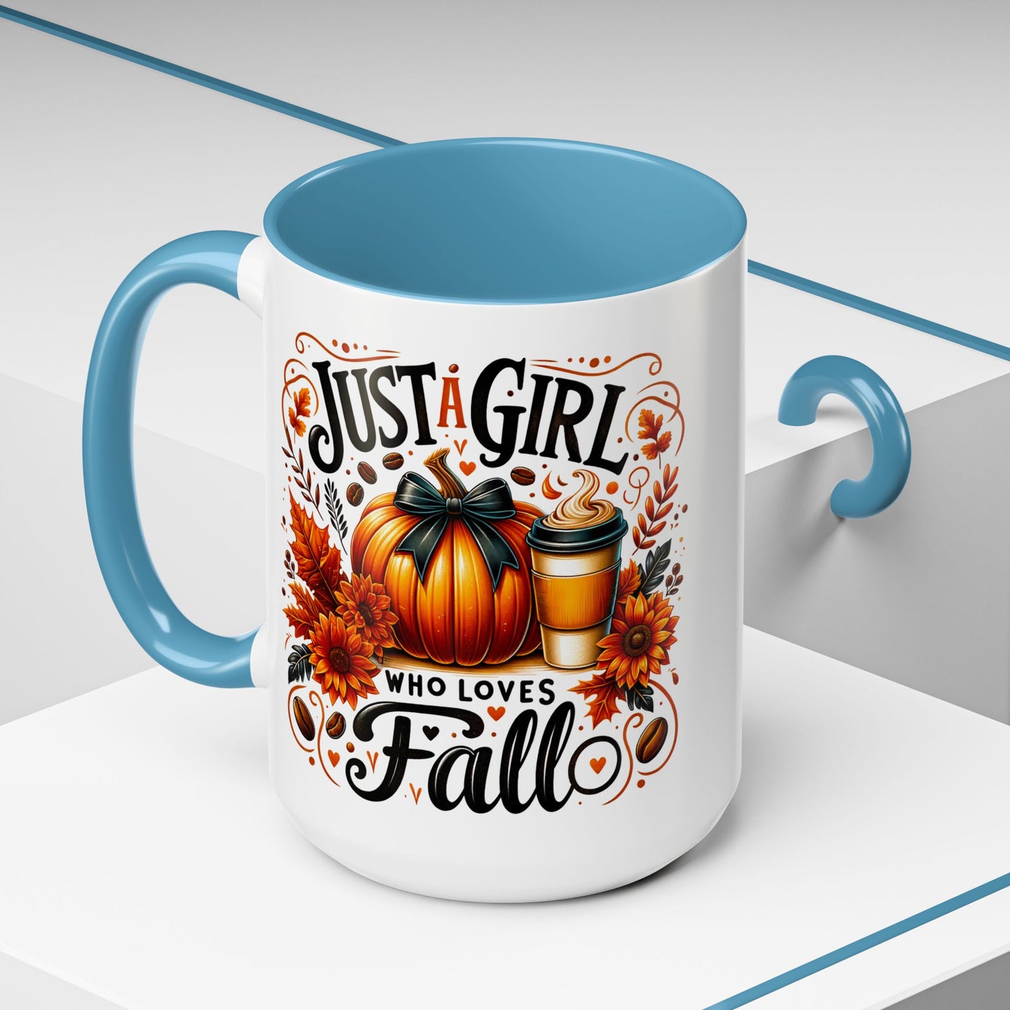Just a Girl Who Loves Fall Mug – Cute Autumn Coffee Cup with Pumpkin & Flowers