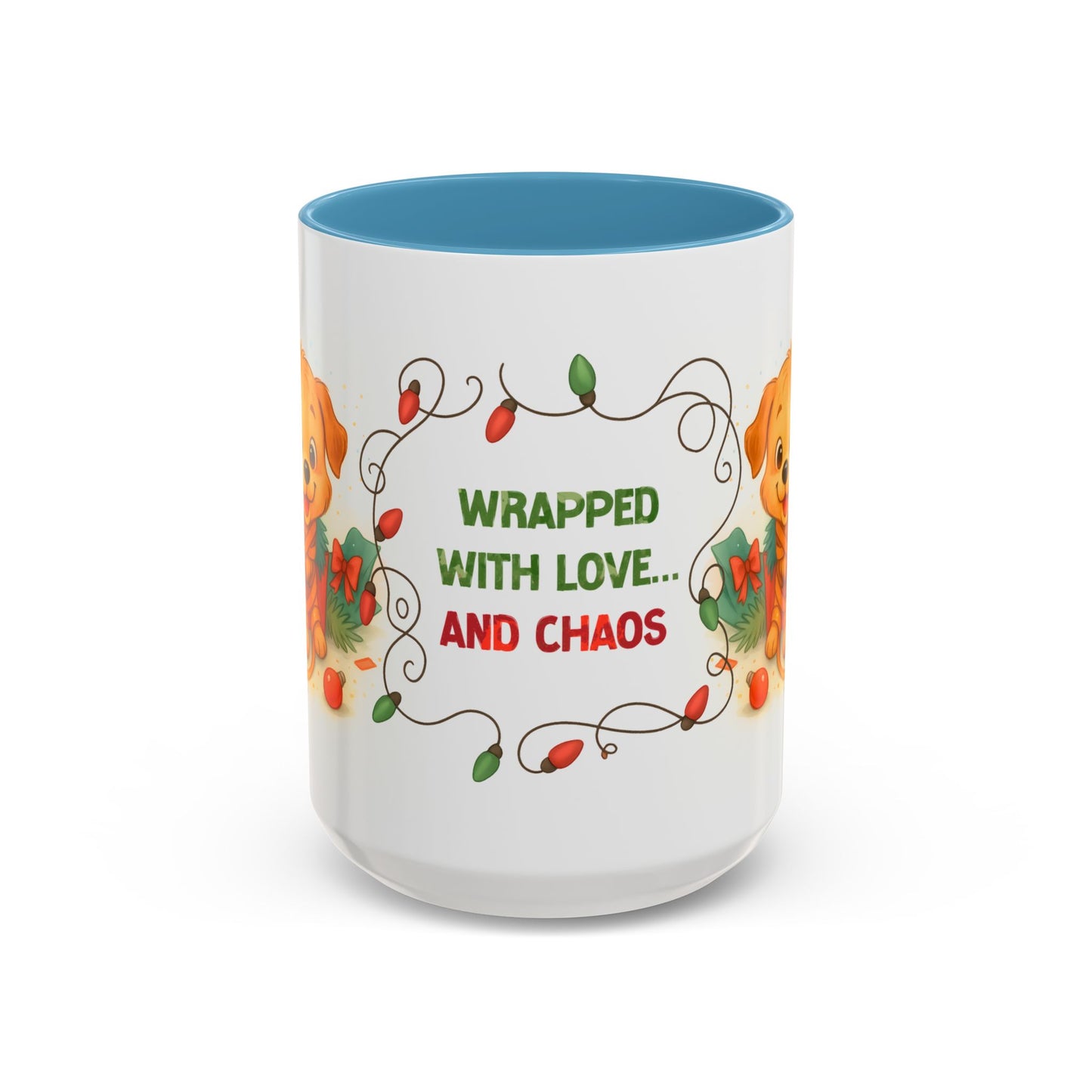 Wrapped With Love and Chaos Mug – Cute Puppy Christmas 15oz Coffee Cup