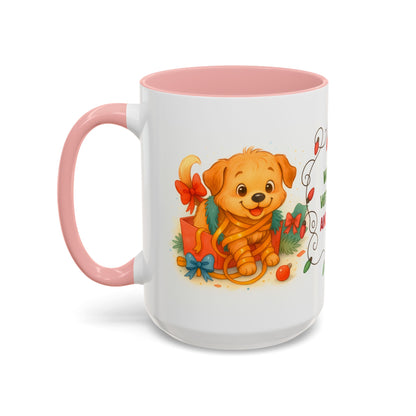 Wrapped With Love and Chaos Mug – Cute Puppy Christmas 15oz Coffee Cup