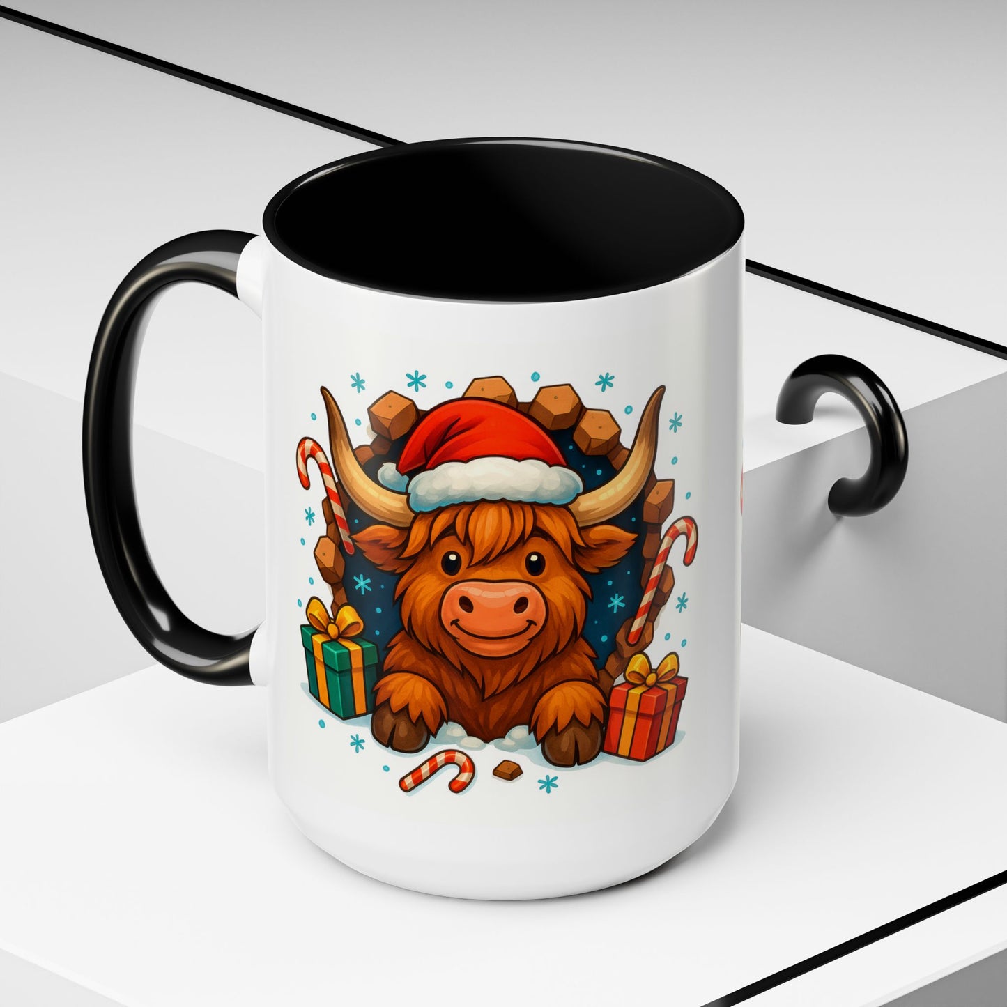 Christmas Highland Cow Mug – Cute 15oz Holiday Coffee Cup with Santa Hat & Gifts