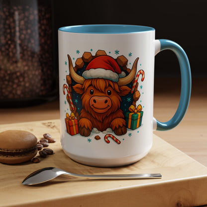 Christmas Highland Cow Mug – Cute 15oz Holiday Coffee Cup with Santa Hat & Gifts