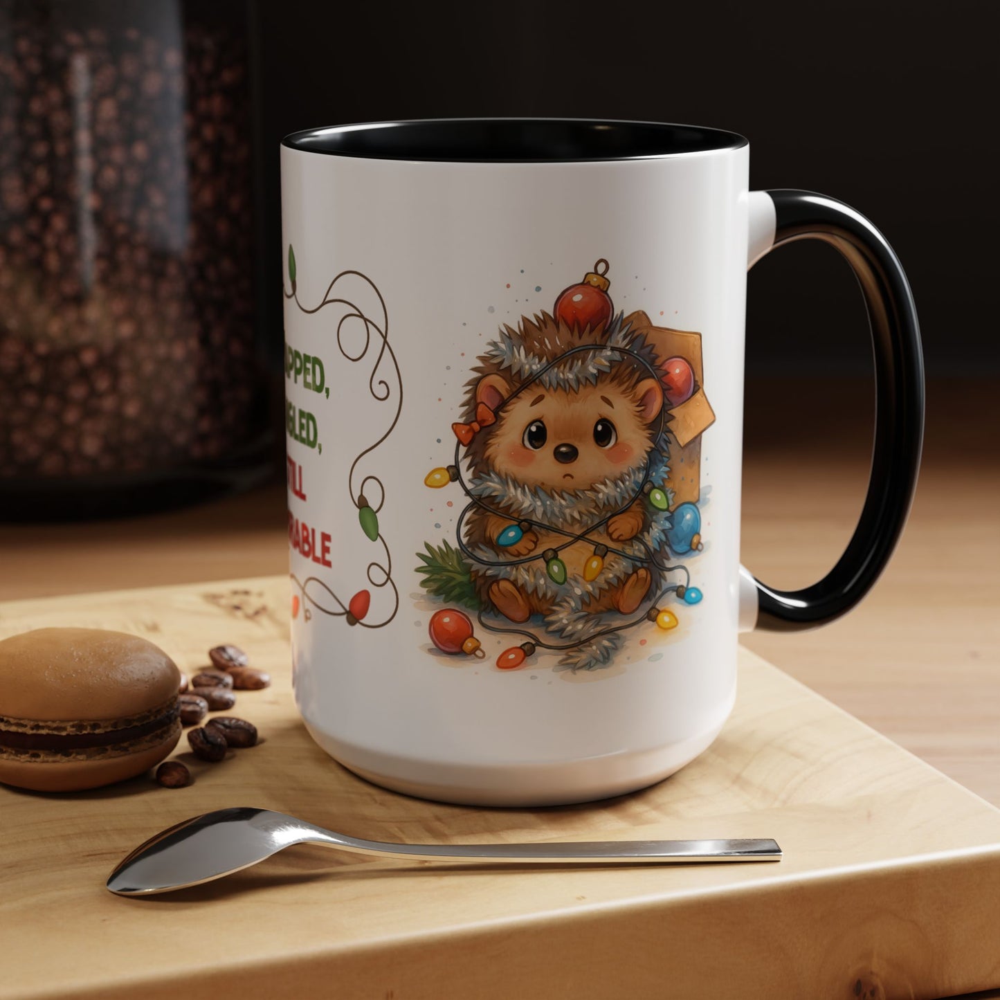 Wrapped Tangled Still Adorable Mug – Cute Hedgehog Christmas 15oz Cup