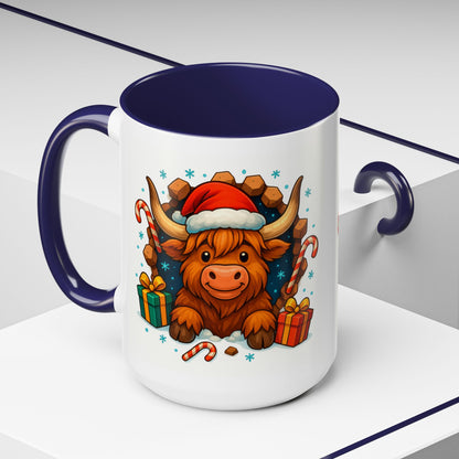 Christmas Highland Cow Mug – Cute 15oz Holiday Coffee Cup with Santa Hat & Gifts