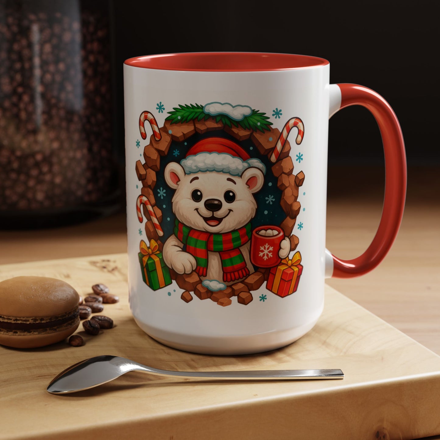 Christmas Polar Bear Mug – Cute Holiday 15oz Coffee Cup with Gifts & Candy Canes