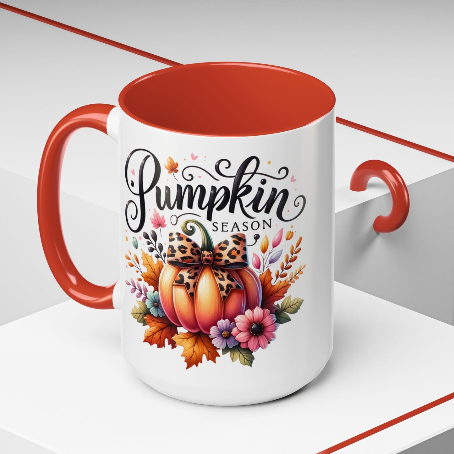 Pumpkin Season Mug – Fall Coffee Cup with Leopard Bow Pumpkin & Floral Design