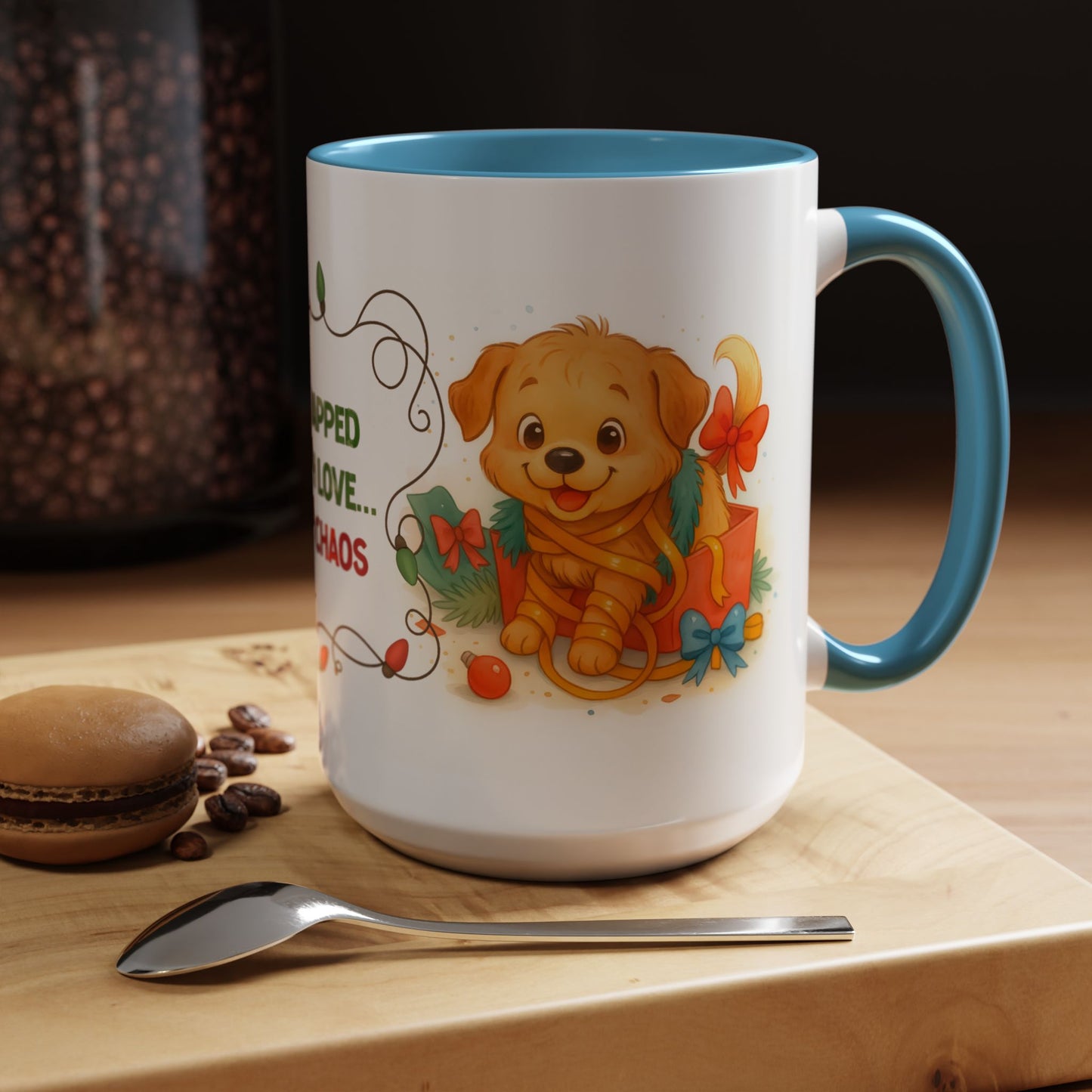 Wrapped With Love and Chaos Mug – Cute Puppy Christmas 15oz Coffee Cup