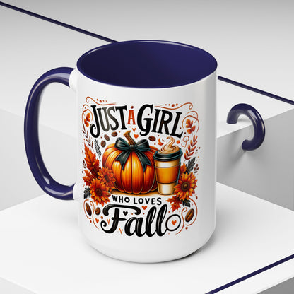 Just a Girl Who Loves Fall Mug – Cute Autumn Coffee Cup with Pumpkin & Flowers
