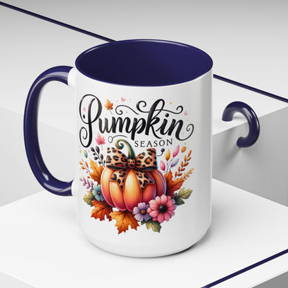 Pumpkin Season Mug – Fall Coffee Cup with Leopard Bow Pumpkin & Floral Design