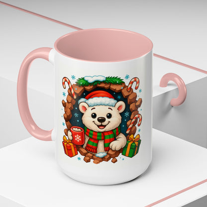 Christmas Polar Bear Mug – Cute Holiday 15oz Coffee Cup with Gifts & Candy Canes