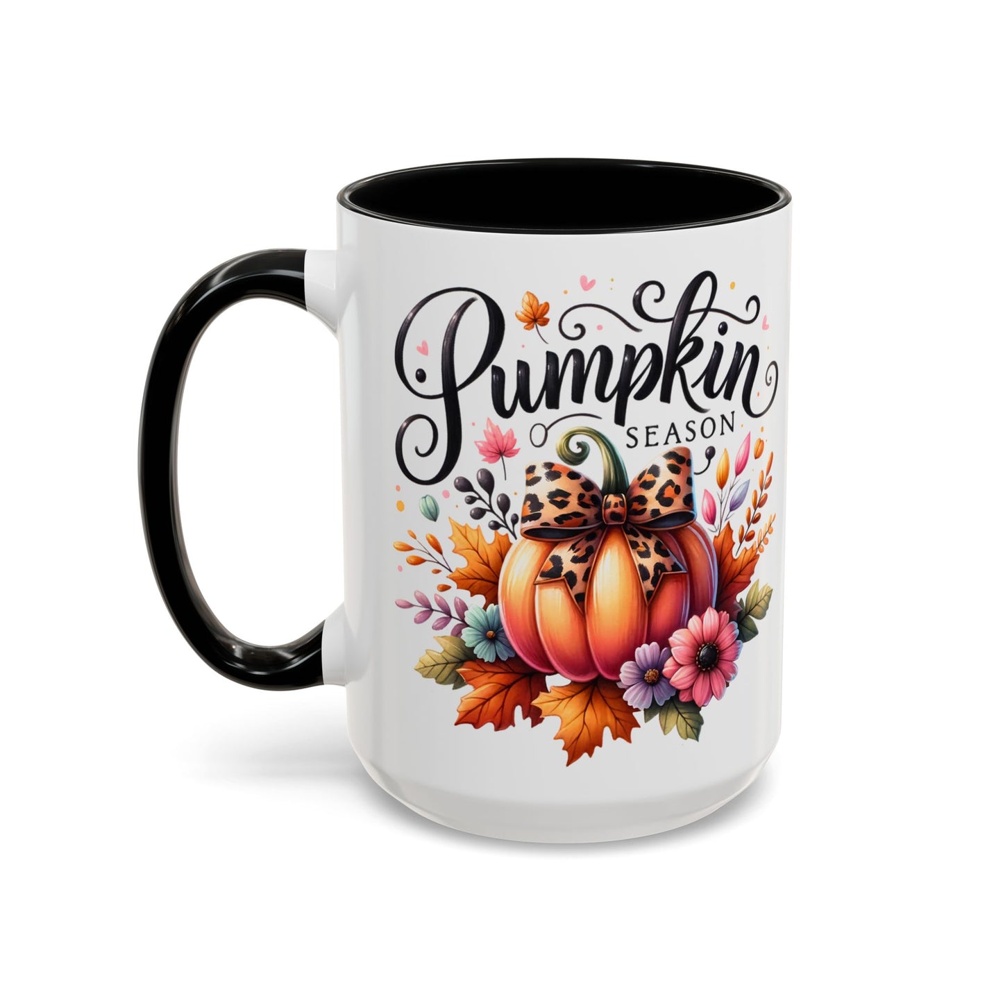 Pumpkin Season Mug – Fall Coffee Cup with Leopard Bow Pumpkin & Floral Design