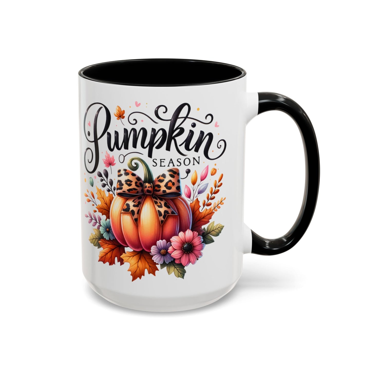 Pumpkin Season Mug – Fall Coffee Cup with Leopard Bow Pumpkin & Floral Design