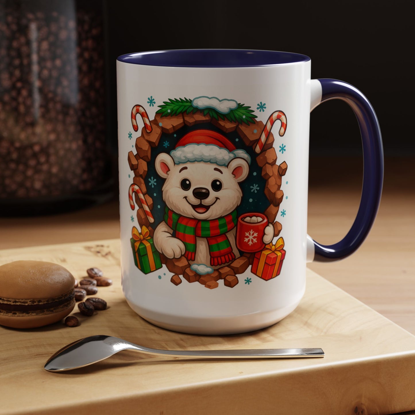 Christmas Polar Bear Mug – Cute Holiday 15oz Coffee Cup with Gifts & Candy Canes