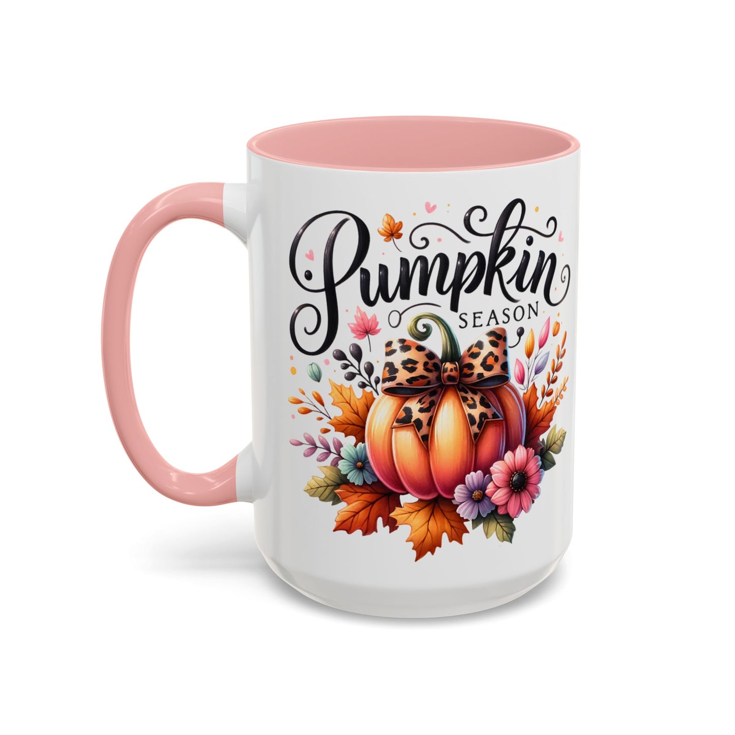 Pumpkin Season Mug – Fall Coffee Cup with Leopard Bow Pumpkin & Floral Design