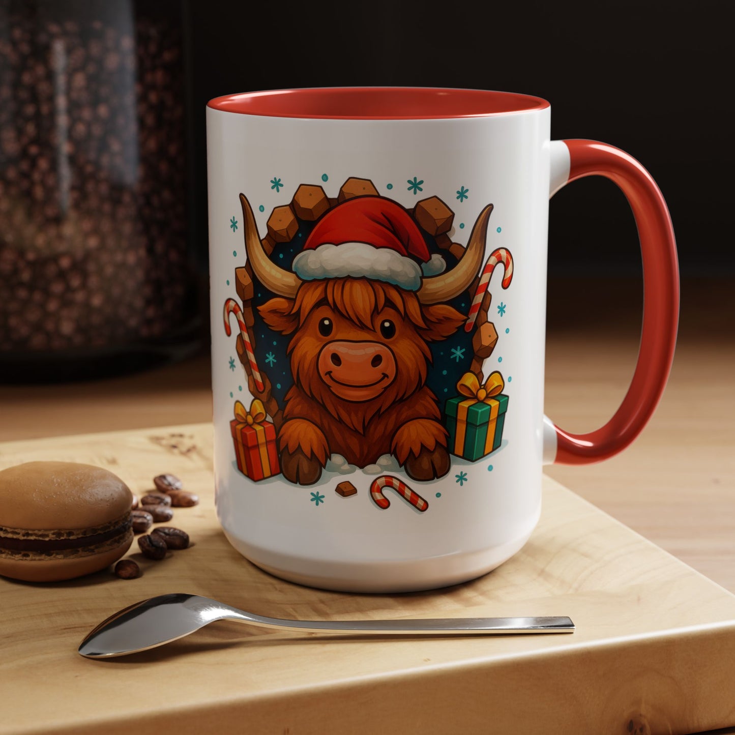 Christmas Highland Cow Mug – Cute 15oz Holiday Coffee Cup with Santa Hat & Gifts