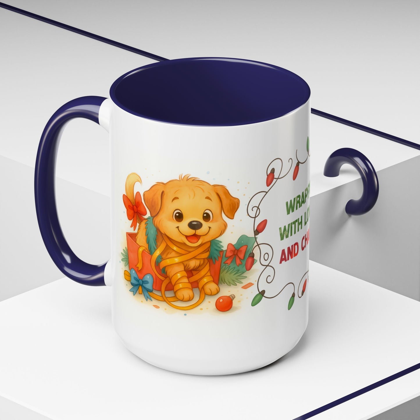 Wrapped With Love and Chaos Mug – Cute Puppy Christmas 15oz Coffee Cup