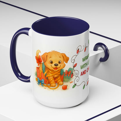 Wrapped With Love and Chaos Mug – Cute Puppy Christmas 15oz Coffee Cup