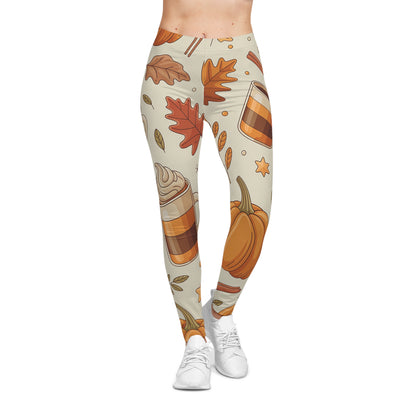 Pumpkin Spice Leggings – Fall Coffee & Leaf Print Women’s Yoga Pants