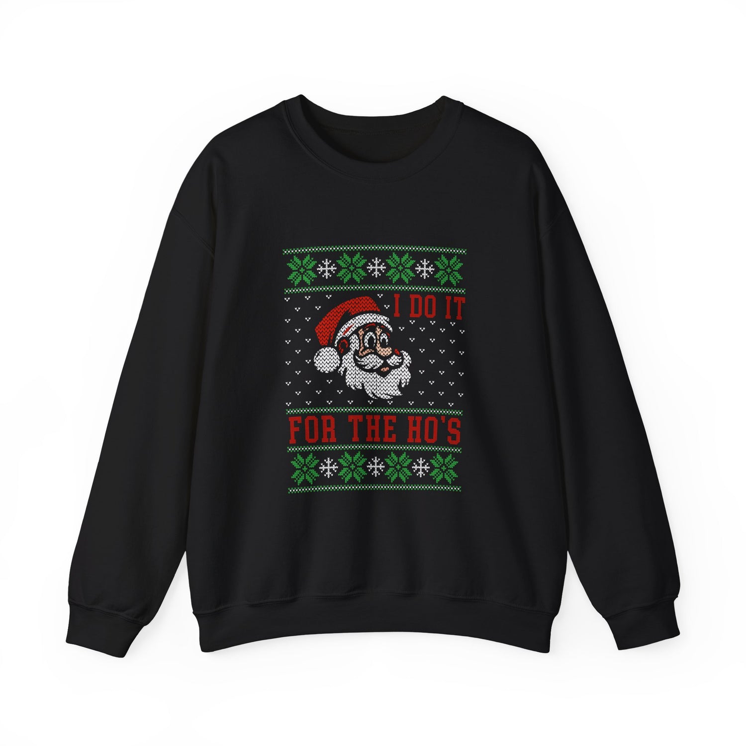 Black sweatshirt with Christmas-themed design and text on a white background