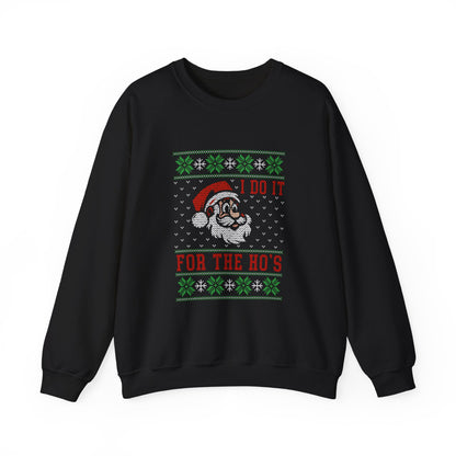Black sweatshirt with Christmas-themed design and text on a white background