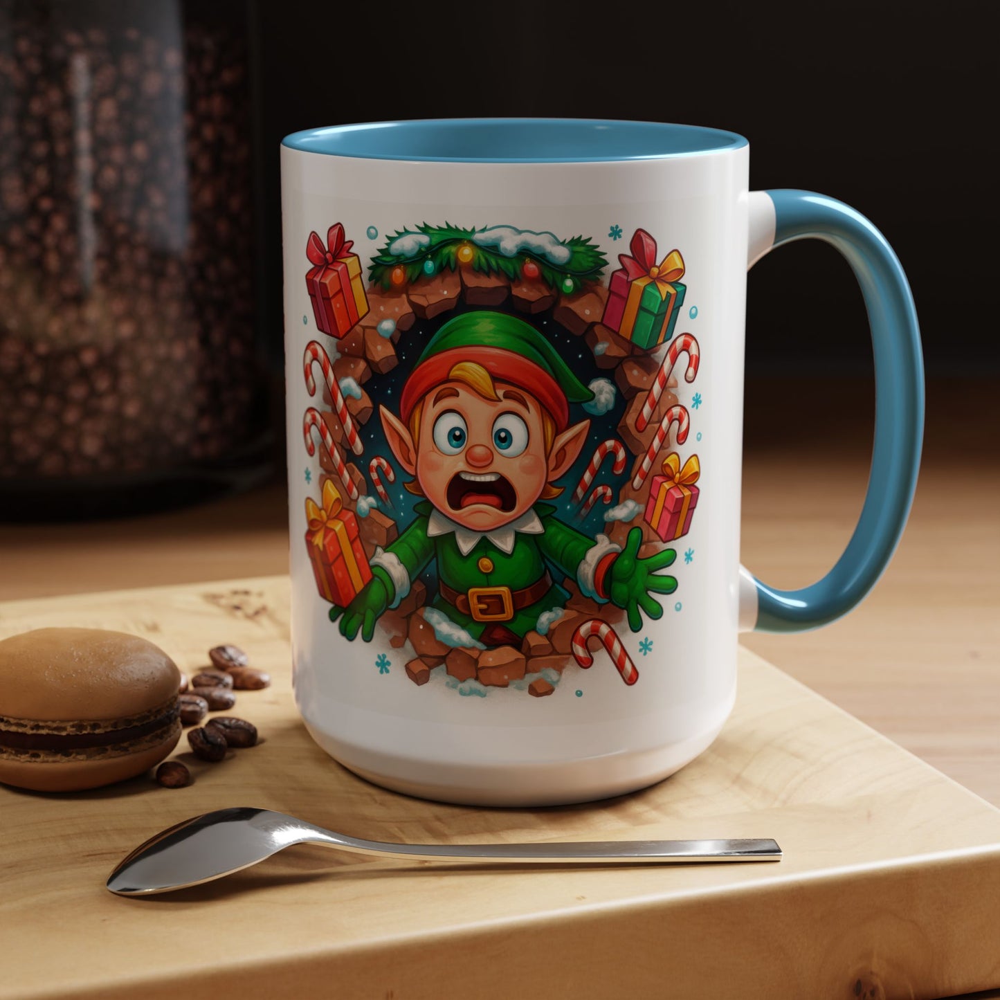 Christmas Elf Mug – Funny 15oz Holiday Coffee Cup with Candy Canes & Gifts