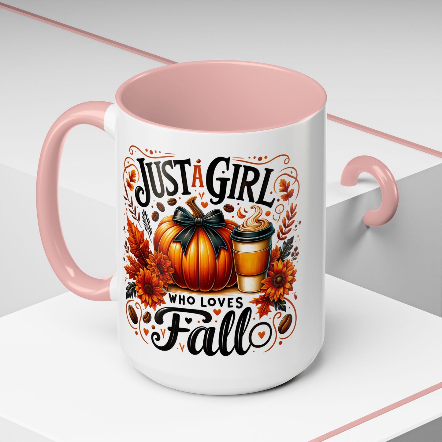 Just a Girl Who Loves Fall Mug – Cute Autumn Coffee Cup with Pumpkin & Flowers
