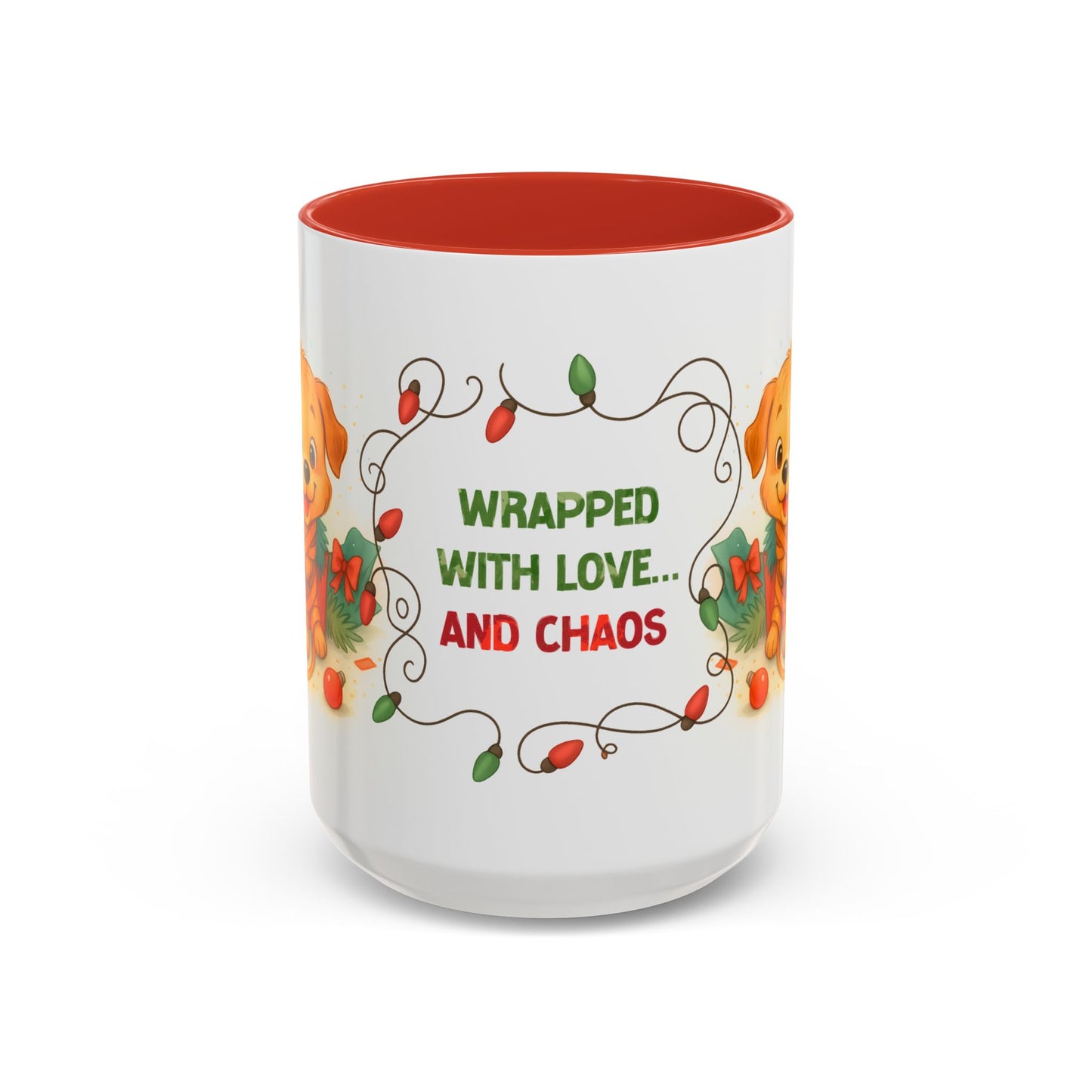 Wrapped With Love and Chaos Mug – Cute Puppy Christmas 15oz Coffee Cup