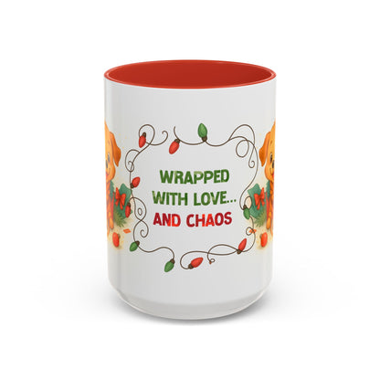 Wrapped With Love and Chaos Mug – Cute Puppy Christmas 15oz Coffee Cup