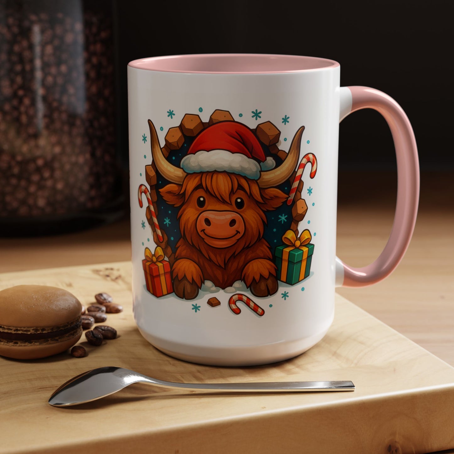 Christmas Highland Cow Mug – Cute 15oz Holiday Coffee Cup with Santa Hat & Gifts