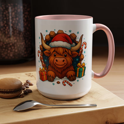 Christmas Highland Cow Mug – Cute 15oz Holiday Coffee Cup with Santa Hat & Gifts