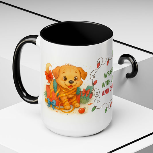 Wrapped With Love and Chaos Mug – Cute Puppy Christmas 15oz Coffee Cup