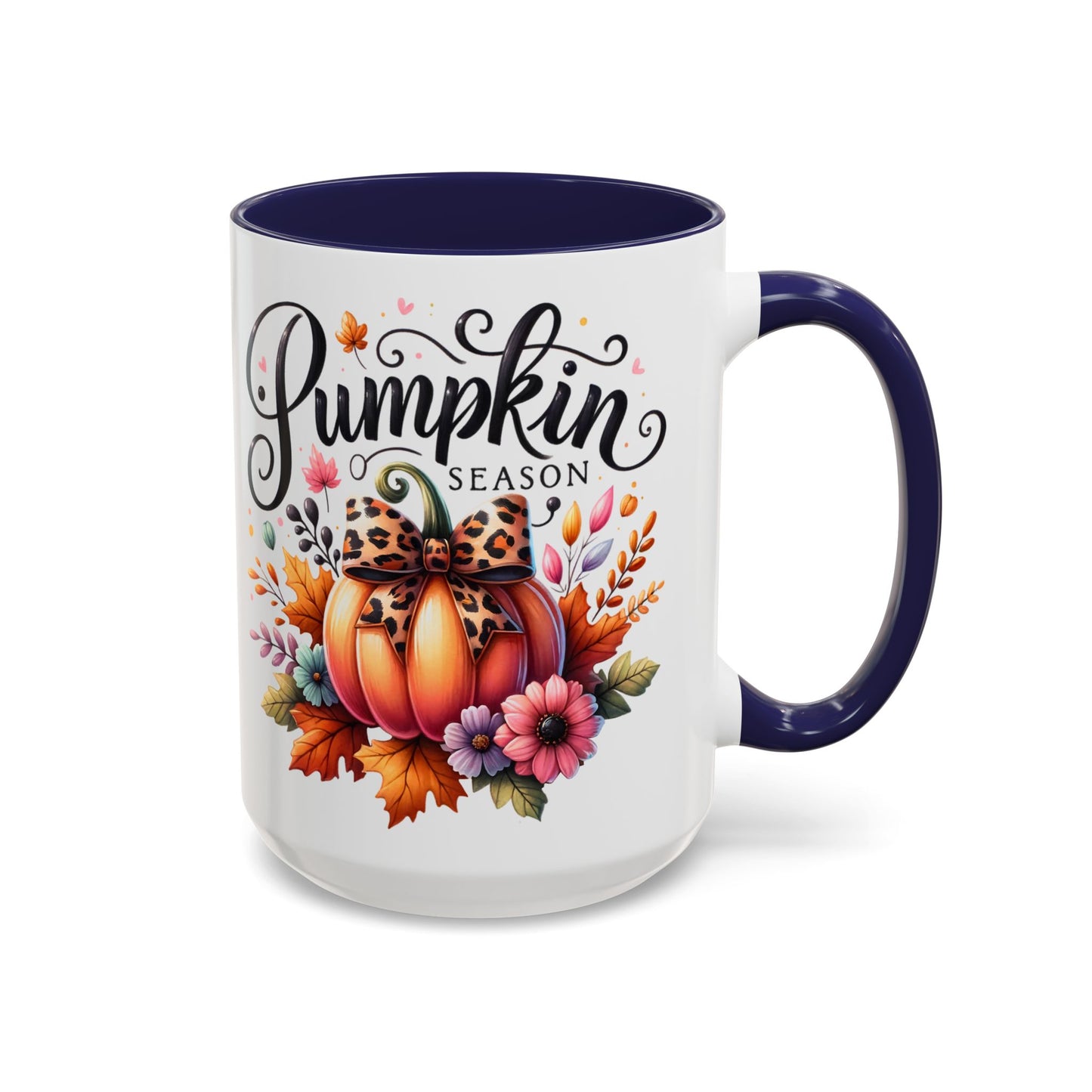 Pumpkin Season Mug – Fall Coffee Cup with Leopard Bow Pumpkin & Floral Design