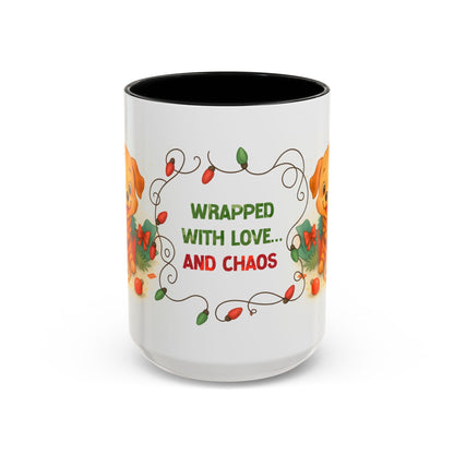 Wrapped With Love and Chaos Mug – Cute Puppy Christmas 15oz Coffee Cup