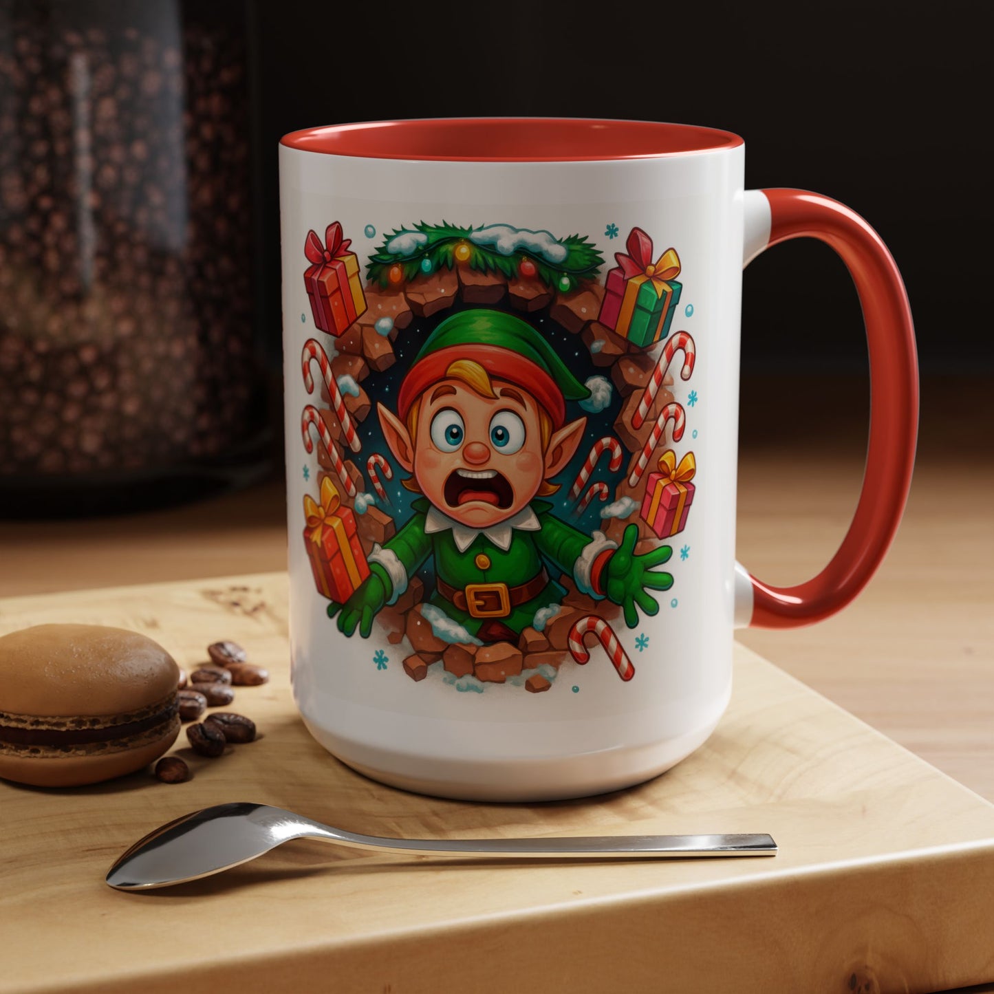 Christmas Elf Mug – Funny 15oz Holiday Coffee Cup with Candy Canes & Gifts