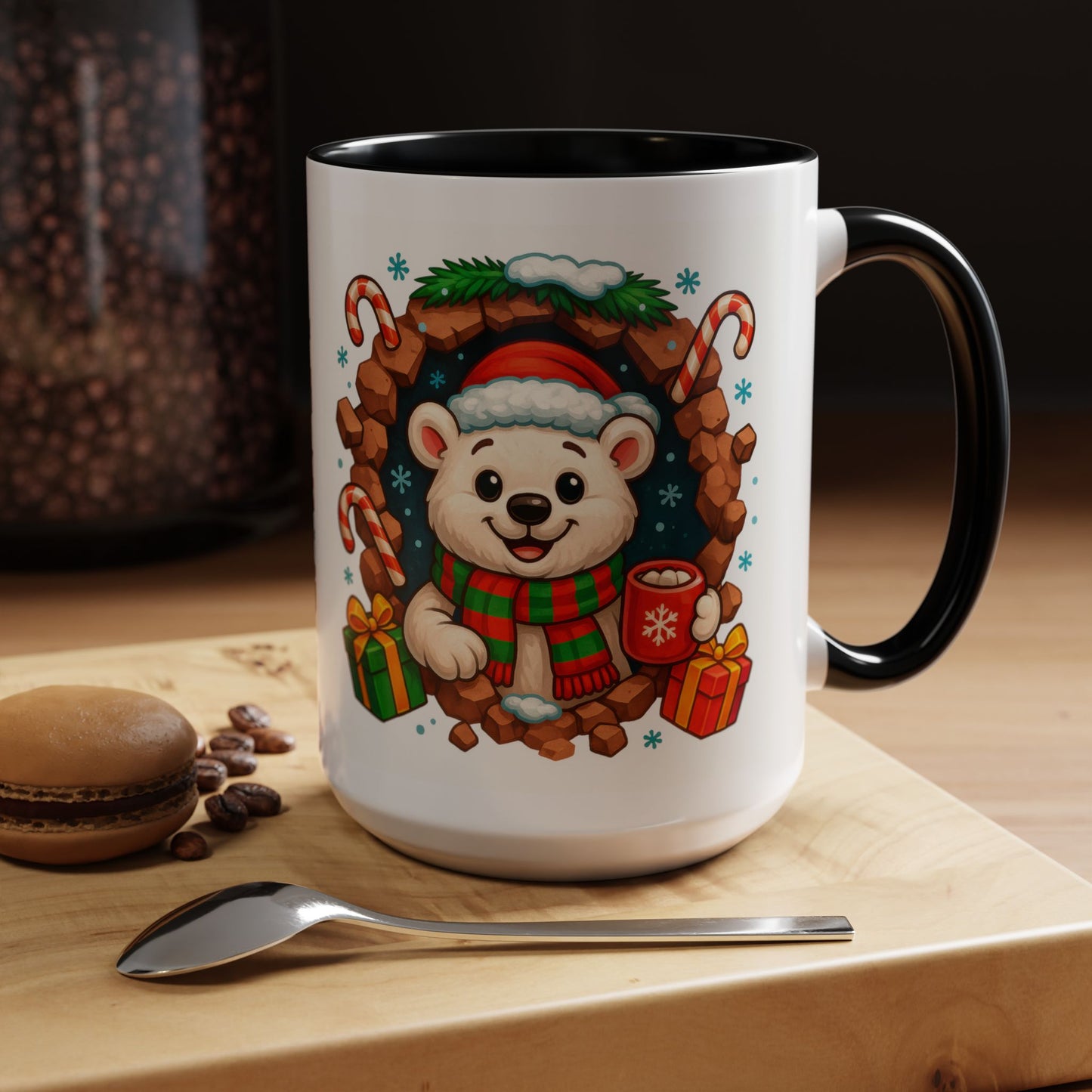 Christmas Polar Bear Mug – Cute Holiday 15oz Coffee Cup with Gifts & Candy Canes
