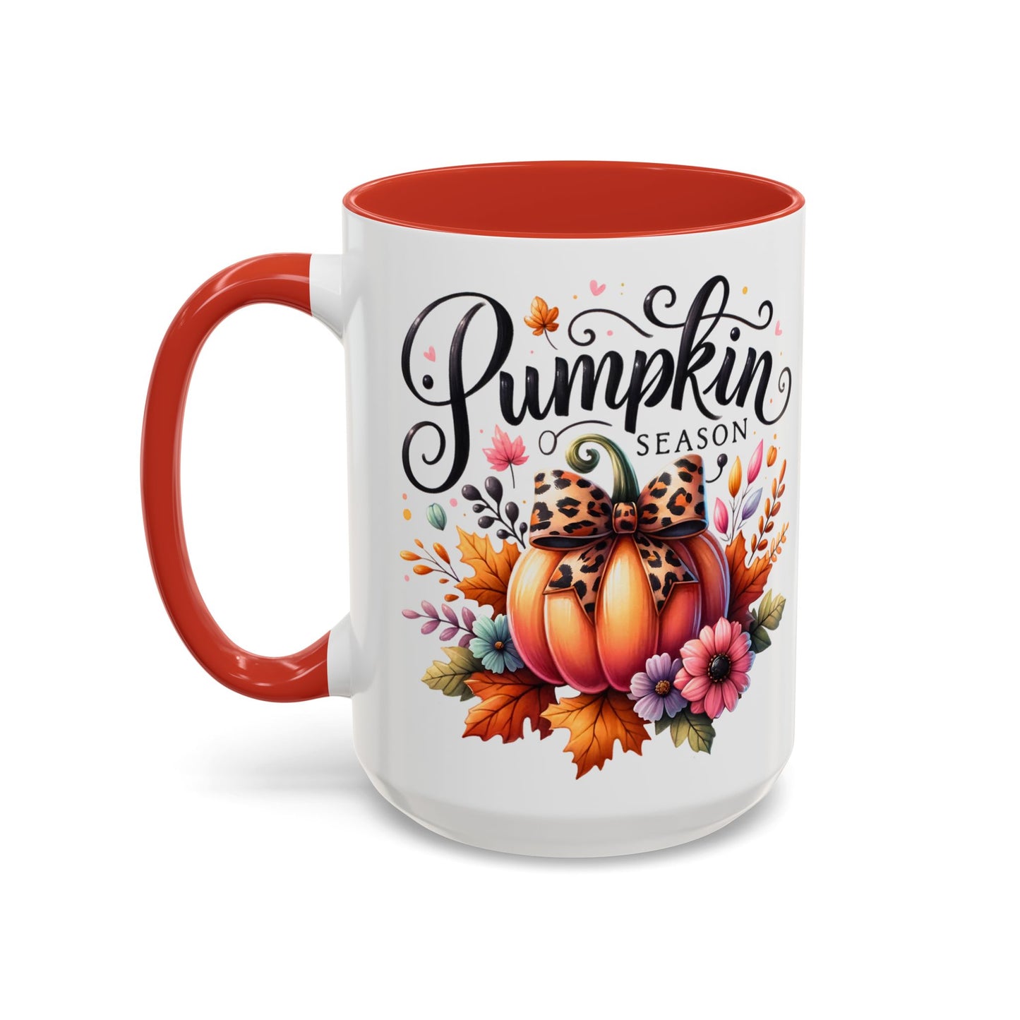 Pumpkin Season Mug – Fall Coffee Cup with Leopard Bow Pumpkin & Floral Design