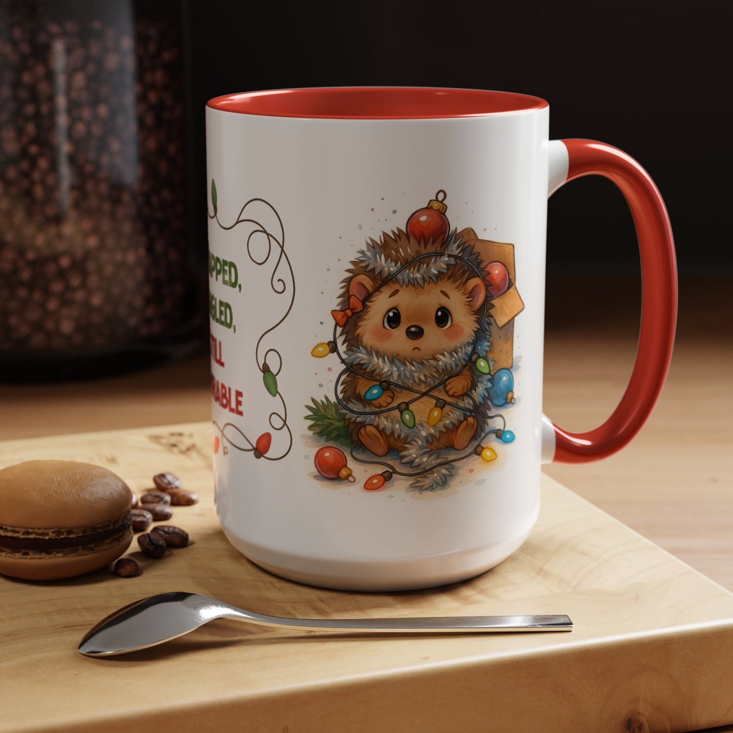 Wrapped Tangled Still Adorable Mug – Cute Hedgehog Christmas 15oz Cup