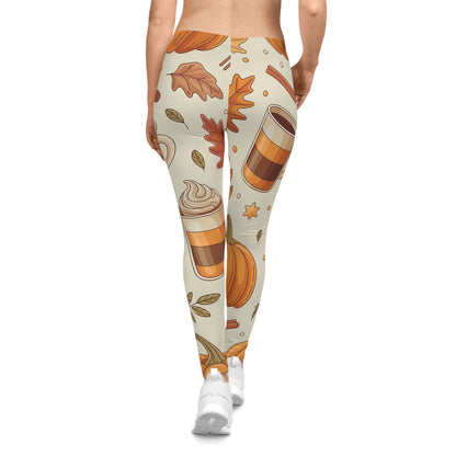 Pumpkin Spice Leggings – Fall Coffee & Leaf Print Women’s Yoga Pants