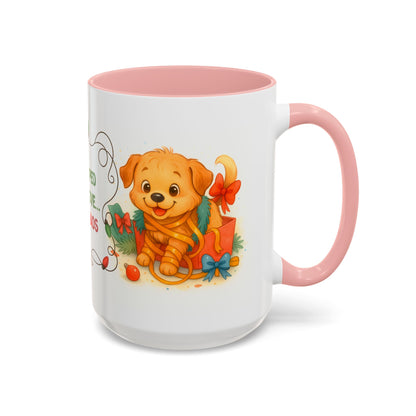 Wrapped With Love and Chaos Mug – Cute Puppy Christmas 15oz Coffee Cup