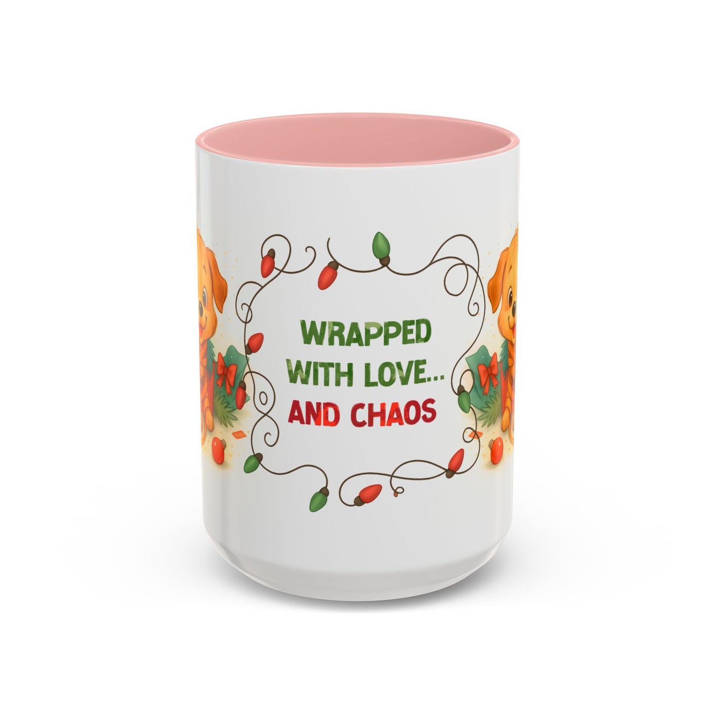 Wrapped With Love and Chaos Mug – Cute Puppy Christmas 15oz Coffee Cup
