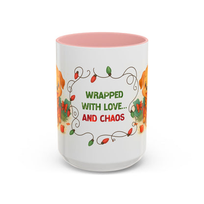 Wrapped With Love and Chaos Mug – Cute Puppy Christmas 15oz Coffee Cup