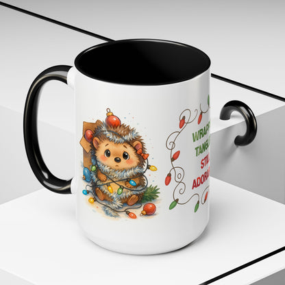 Wrapped Tangled Still Adorable Mug – Cute Hedgehog Christmas 15oz Cup