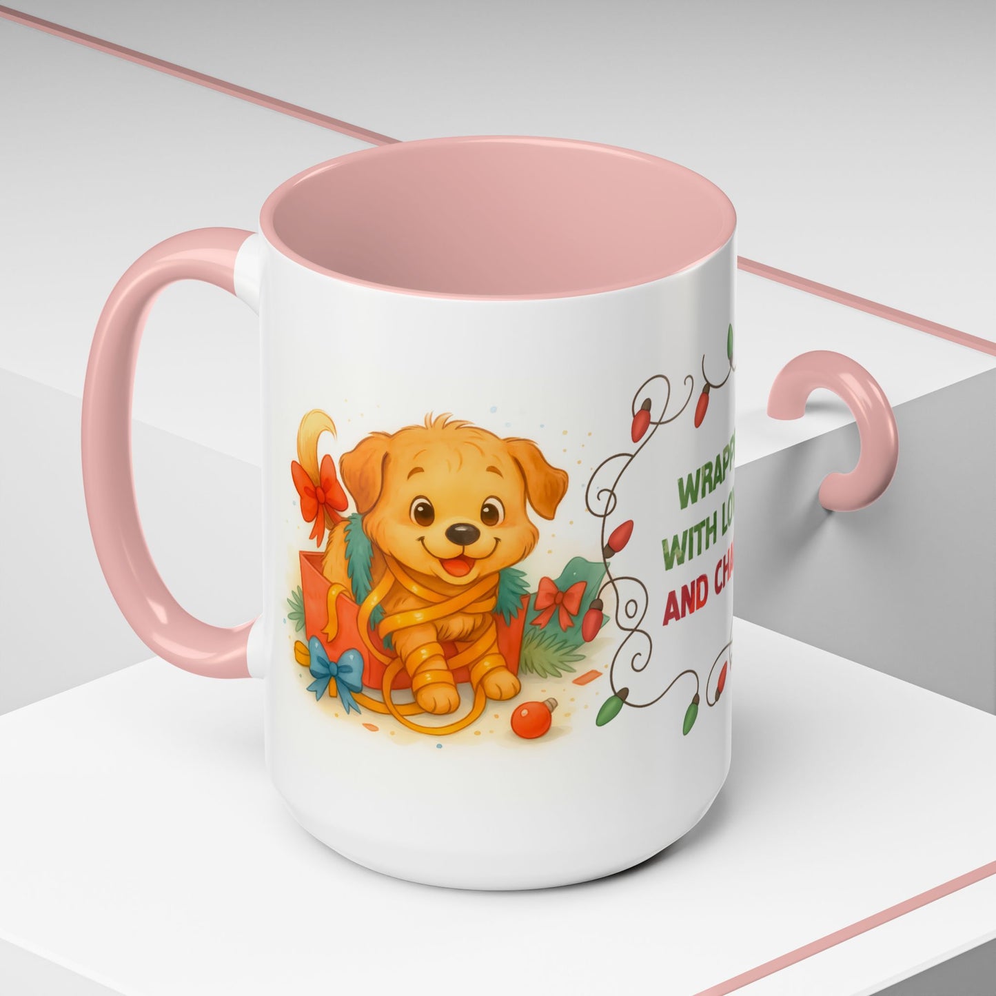 Wrapped With Love and Chaos Mug – Cute Puppy Christmas 15oz Coffee Cup