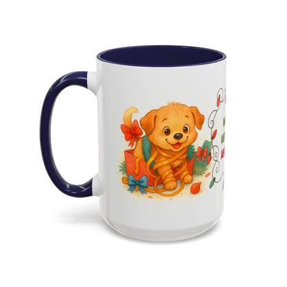 Wrapped With Love and Chaos Mug – Cute Puppy Christmas 15oz Coffee Cup