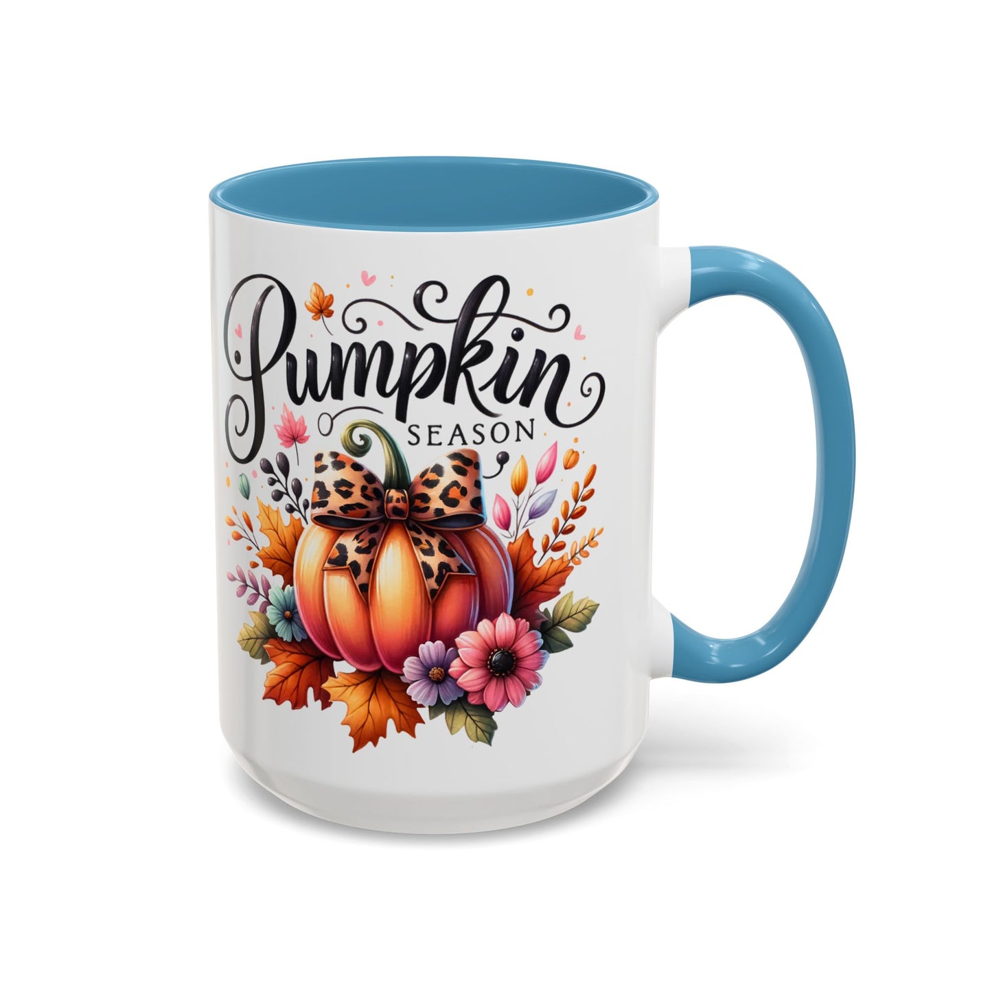 Pumpkin Season Mug – Fall Coffee Cup with Leopard Bow Pumpkin & Floral Design