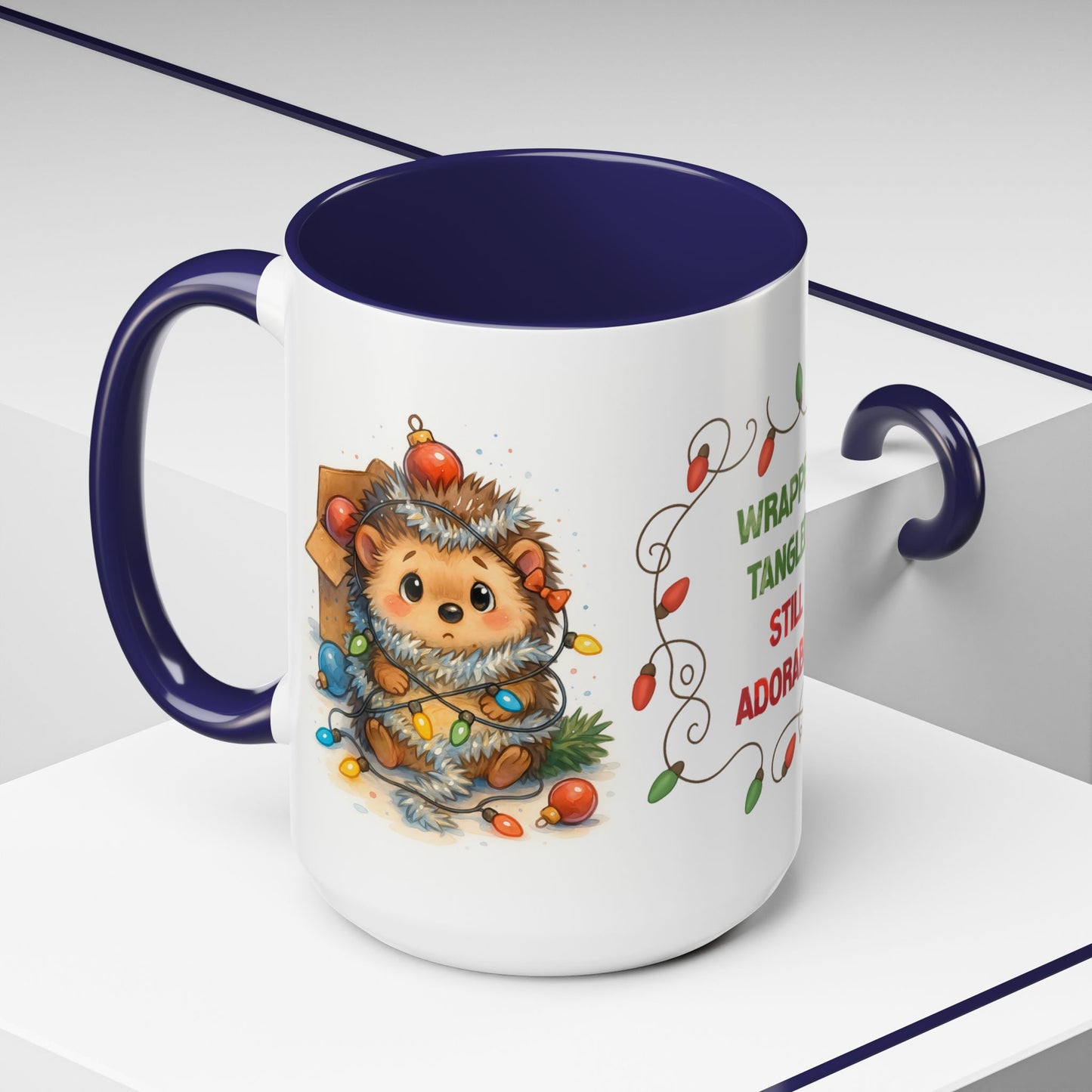 Wrapped Tangled Still Adorable Mug – Cute Hedgehog Christmas 15oz Cup