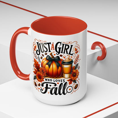 Just a Girl Who Loves Fall Mug – Cute Autumn Coffee Cup with Pumpkin & Flowers